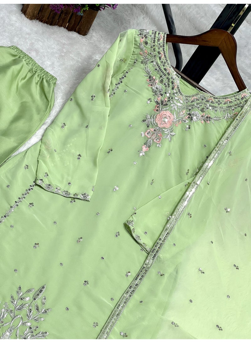 Super Asian Elegant Heavy Faux Georgette Kurti Set for Women with Embroidery Sequence Work, Butter Silk Pant & Dupatta – Fully Stitched - Image 1
