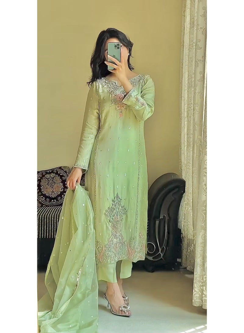 Super Asian Elegant Heavy Faux Georgette Kurti Set for Women with Embroidery Sequence Work, Butter Silk Pant & Dupatta – Fully Stitched - Image 3