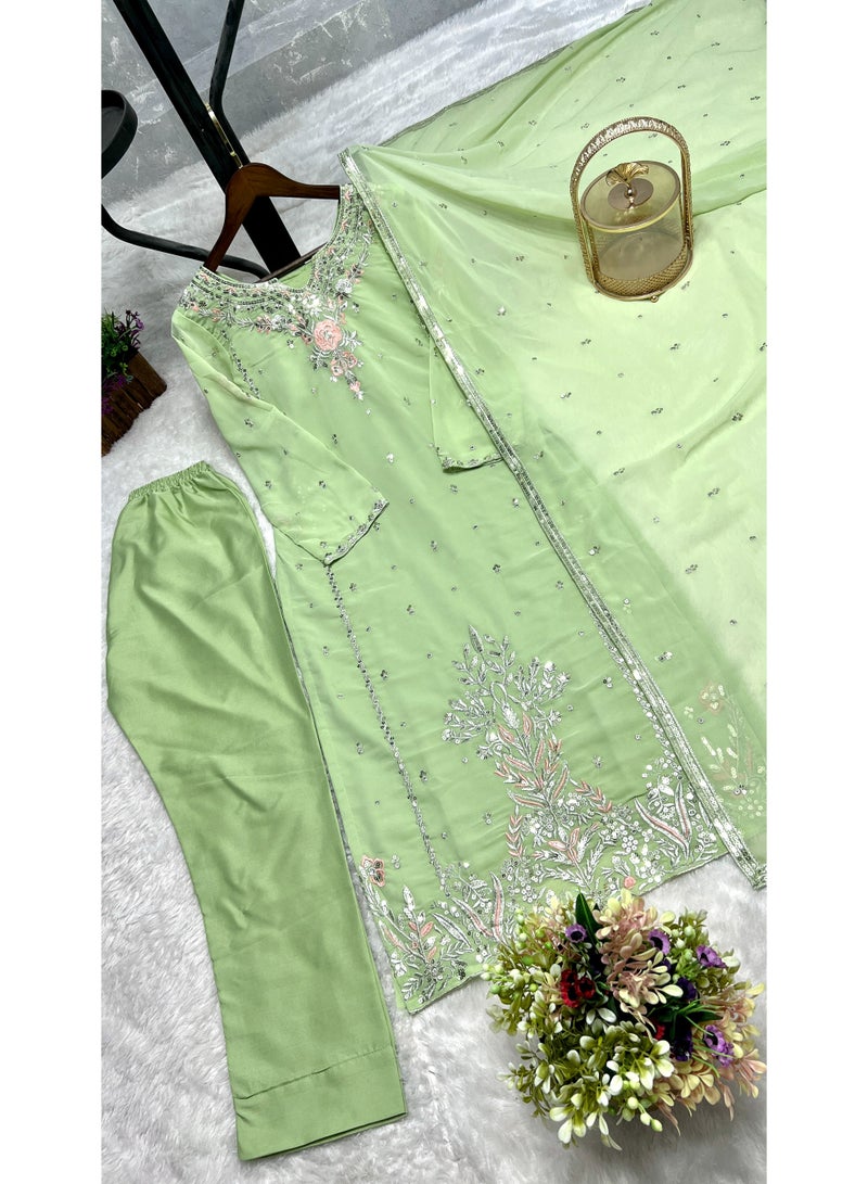 Super Asian Elegant Heavy Faux Georgette Kurti Set for Women with Embroidery Sequence Work, Butter Silk Pant & Dupatta – Fully Stitched - Image 5