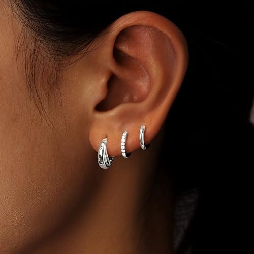 Poxtex Small Sterling Silver Huggie Hoop Earrings Set for Women, Hypoallergenic Trendy Hoops Stacks for Multiple Piercings, Dainty Cute Mini Lightweight Cartilage Helix Jewelry Gift for Sensitive Ears - Image 2