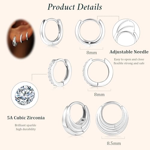 Poxtex Small Sterling Silver Huggie Hoop Earrings Set for Women, Hypoallergenic Trendy Hoops Stacks for Multiple Piercings, Dainty Cute Mini Lightweight Cartilage Helix Jewelry Gift for Sensitive Ears - Image 5
