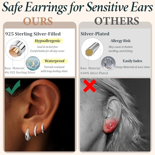 Poxtex Small Sterling Silver Huggie Hoop Earrings Set for Women, Hypoallergenic Trendy Hoops Stacks for Multiple Piercings, Dainty Cute Mini Lightweight Cartilage Helix Jewelry Gift for Sensitive Ears - Image 3
