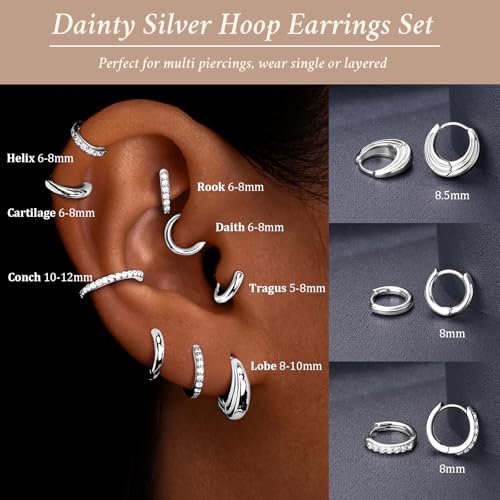 Poxtex Small Sterling Silver Huggie Hoop Earrings Set for Women, Hypoallergenic Trendy Hoops Stacks for Multiple Piercings, Dainty Cute Mini Lightweight Cartilage Helix Jewelry Gift for Sensitive Ears - Image 4