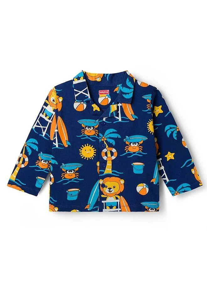 Babyhug Babyhug Cotton Knit Full Sleeves Pajama Set with Beach Theme Print - Navy Blue