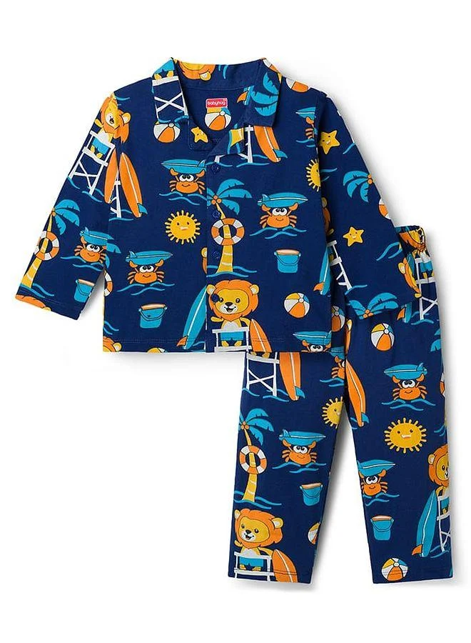 Babyhug Babyhug Cotton Knit Full Sleeves Pajama Set with Beach Theme Print - Navy Blue