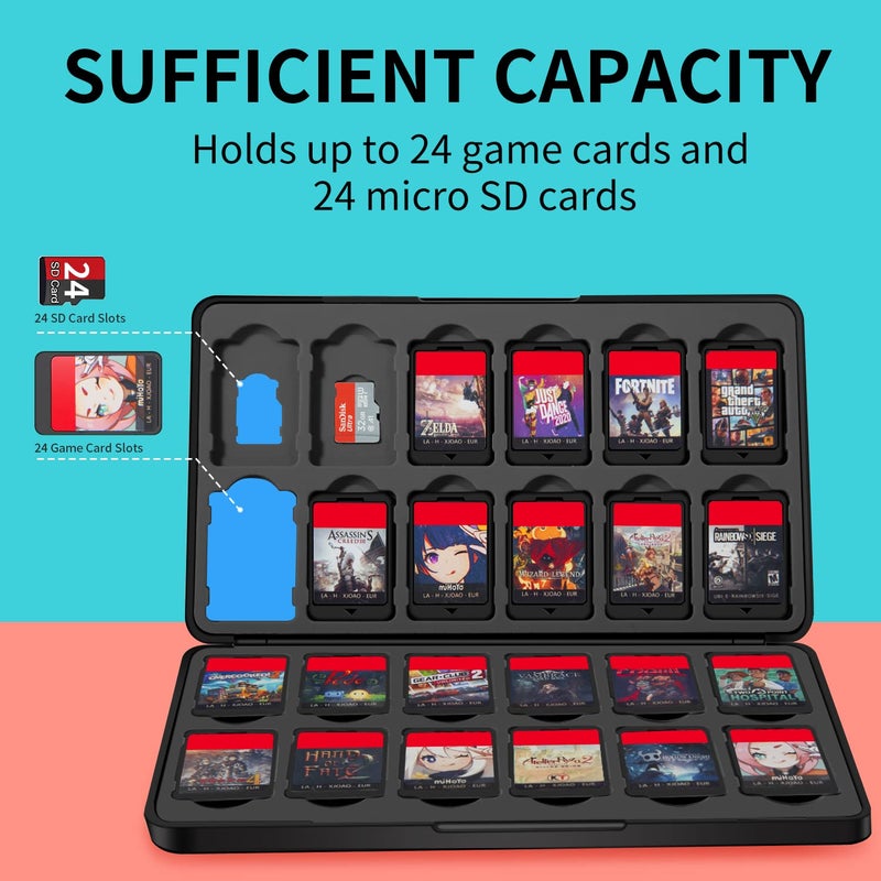 MOSAHOLL Switch Game Case Holder with 24 Cartridge Slots and 24 Micro SD Card Storage, Slim Portable Game Organizer Traveler Gift Accessories with Magnetic Closure, Protective Hard Shell and Soft Lining - Image 2
