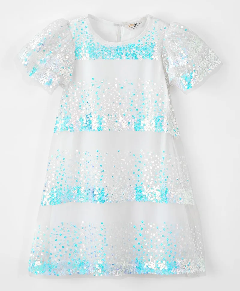 Primo Gino Primo Gino Sequins Embellished Short Sleeves Dress - Light Blue & White