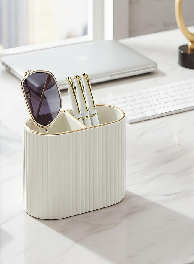 KINGFOM PU Leather Pen Holder for Desk, 2 Slots Small Remote Control Holder Pencil Cup Desktop Supplies and Accessories Organizer Caddy for Office Home Art Supply (Light Beige) - Image 5