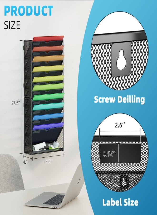 Marbrasse Wall File Holder 11-Tier Hanging Wall File Organizer, for Papers, Files Clipboard & Magazine Organizer, Wall Mount File Holder Great for Office Home (Black) - Image 2