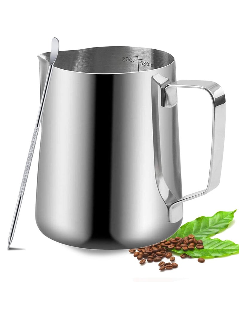 general Milk Frothing Pitcher,600ml Milk Frother Cup Stainless Steel Jug Steaming Pitcher, 20oz Milk Coffee Cappuccino Latte Art Barista Steam Pitchers Milk Jug Cup with Decorating Pen - Image 2