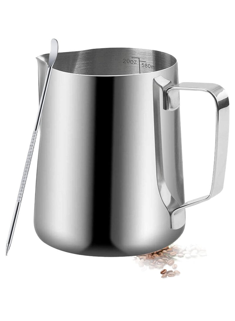 general Milk Frothing Pitcher,600ml Milk Frother Cup Stainless Steel Jug Steaming Pitcher, 20oz Milk Coffee Cappuccino Latte Art Barista Steam Pitchers Milk Jug Cup with Decorating Pen - Image 1