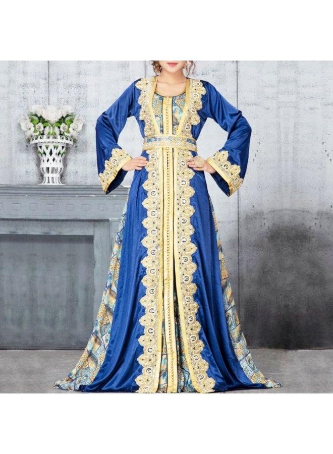 New women's long-sleeved formal dress skirt with Middle Eastern ethnic print, Muslim robe, European style, Dubai dress. - Image 1