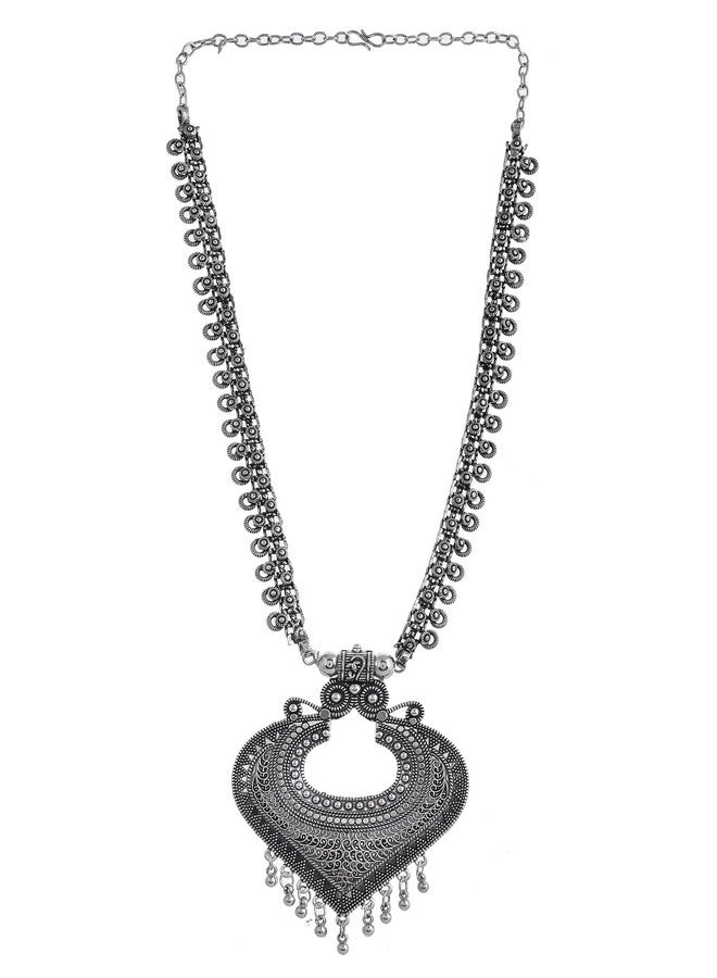 Naman Arts Oxidised Long Chain Pendant Necklace for Women | Antique Engraved Disc Charm | Pure Brass Lightweight Ethnic Boho Necklace (Heart Arch Pendant) - Image 2