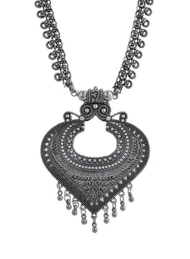 Naman Arts Oxidised Long Chain Pendant Necklace for Women | Antique Engraved Disc Charm | Pure Brass Lightweight Ethnic Boho Necklace (Heart Arch Pendant) - Image 1