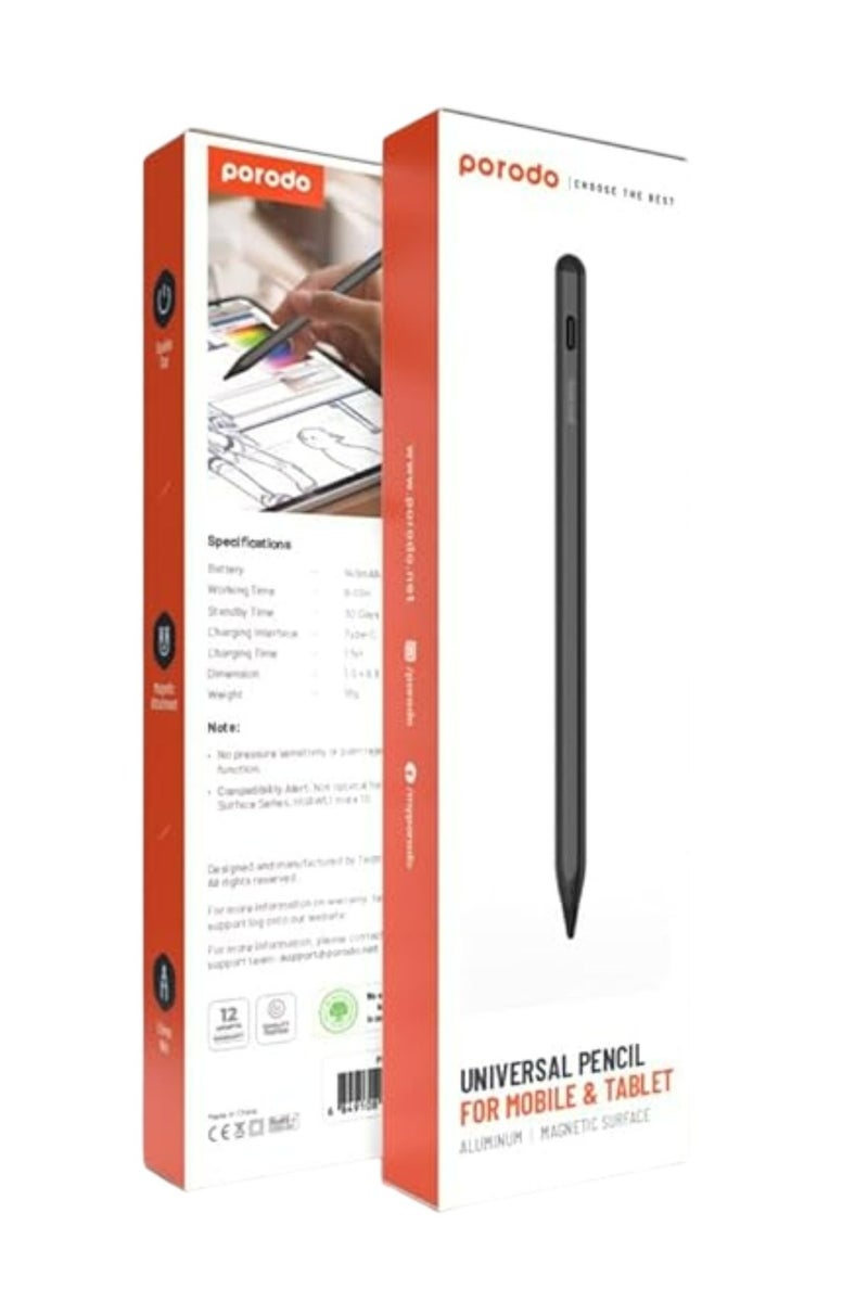 porodo Universal Pencil For Mobile and Tablet with 1.5mm Tip, 30 Days Standby Time, 8 to 10 Hours Working Time, 1.5 Hours Charging Time, 140mAh Battery Capacity - Black - Image 3