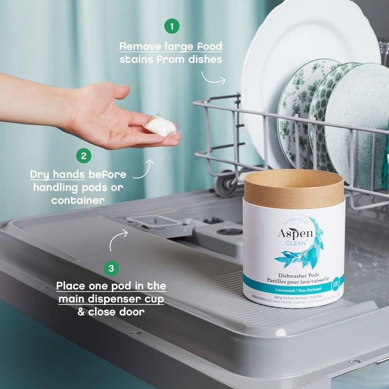 AspenClean Unscented Dishwasher Pods by AspenClean, 28 Count, Zero Plastic, Plant-Based Natural Dishwasher Detergent Pacs - Powerful Eco-Friendly, Pet & Baby Safe, EWG Verified™ & A Rated - Image 4