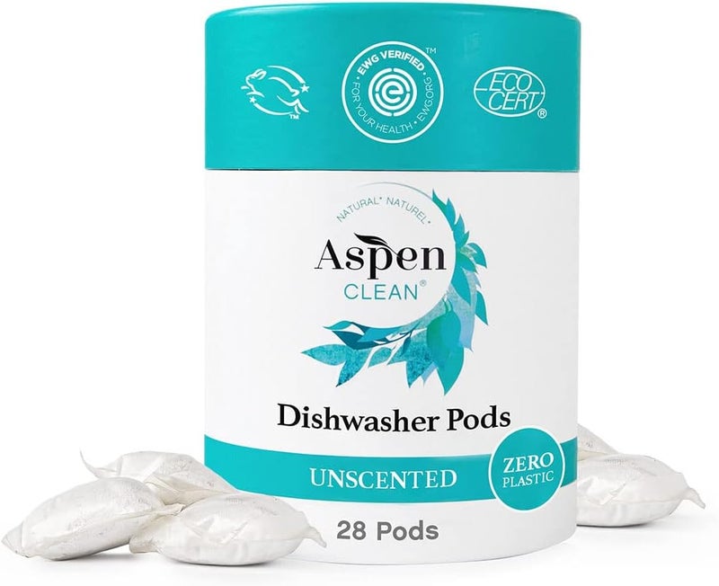 AspenClean Unscented Dishwasher Pods by AspenClean, 28 Count, Zero Plastic, Plant-Based Natural Dishwasher Detergent Pacs - Powerful Eco-Friendly, Pet & Baby Safe, EWG Verified™ & A Rated - Image 1