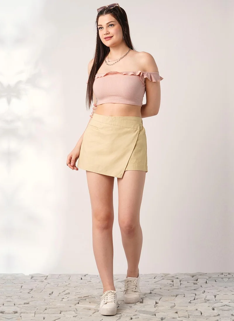 Globus Women Light Khaki Mid-Rise Front Pocket Detail Mini Skort