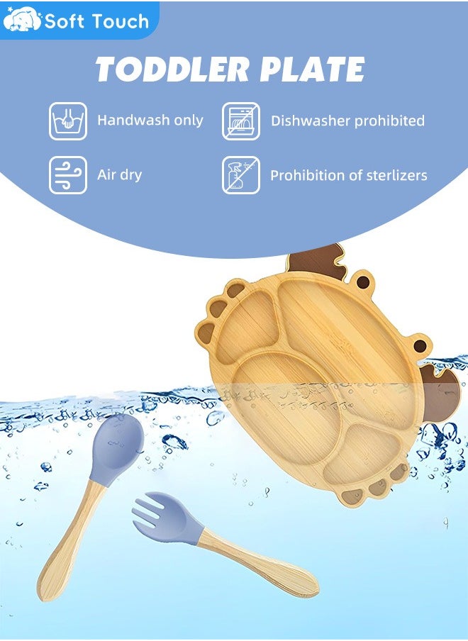 مجموعة أدوات مائدة للأطفال مكونة من 3 قطع، مجموعة أطباق الخيزران للأطفال مع ملعقة وشوكة وطبق شفط للأطفال الصغار