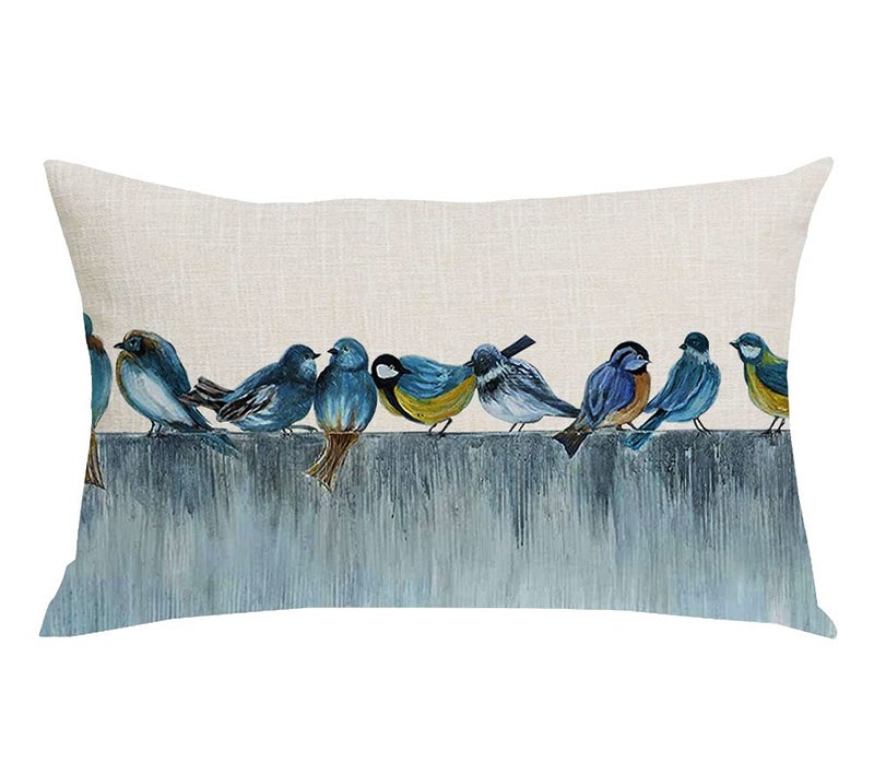 WENIANRU Ink Painting Watercolor Blue Birds Spring Home Sofa Chair Bed Decoration Lumbar Pillowcase Cotton Linen Decorative Throw Pillow Cover Case Rectangular 12 x 20 Inches