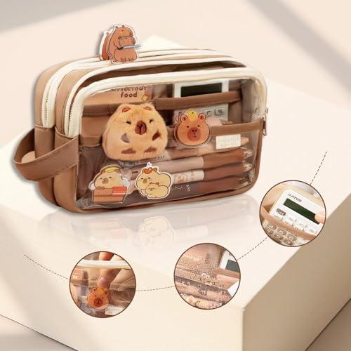 ROBOHOOK Cute Capybara Pencil Case,Capybara Stationery Comes with 10 Stickers+2 Brooches+Doll*1 Suitable for Storing Stationery 9-Layer Large-Capacity Storage Bag (Brown) - Image 4