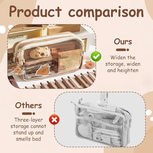 ROBOHOOK Cute Capybara Pencil Case,Capybara Stationery Comes with 10 Stickers+2 Brooches+Doll*1 Suitable for Storing Stationery 9-Layer Large-Capacity Storage Bag (Brown) - Image 5