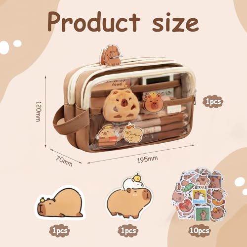 ROBOHOOK Cute Capybara Pencil Case,Capybara Stationery Comes with 10 Stickers+2 Brooches+Doll*1 Suitable for Storing Stationery 9-Layer Large-Capacity Storage Bag (Brown) - Image 2