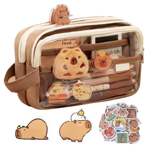 ROBOHOOK Cute Capybara Pencil Case,Capybara Stationery Comes with 10 Stickers+2 Brooches+Doll*1 Suitable for Storing Stationery 9-Layer Large-Capacity Storage Bag (Brown) - Image 1