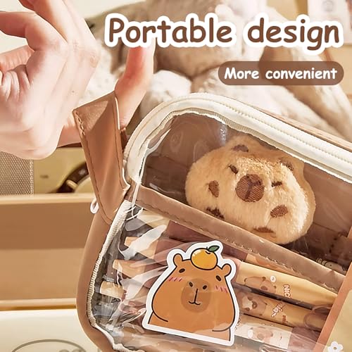 ROBOHOOK Cute Capybara Pencil Case,Capybara Stationery Comes with 10 Stickers+2 Brooches+Doll*1 Suitable for Storing Stationery 9-Layer Large-Capacity Storage Bag (Brown) - Image 3