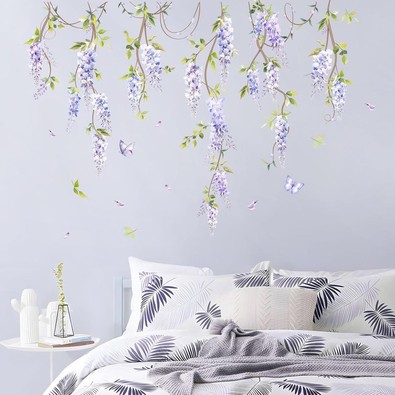 Supzone Purple Flower Wall Decals Hanging Wisteria Floral Green Leaves Boho Spring Summer Wall Stickers Art Decor for Living Room Bedroom Office Nursery Classroom Gifts for Mom - Image 3