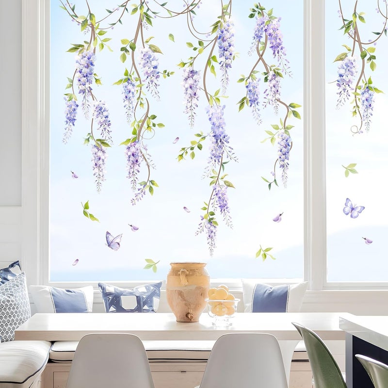 Supzone Purple Flower Wall Decals Hanging Wisteria Floral Green Leaves Boho Spring Summer Wall Stickers Art Decor for Living Room Bedroom Office Nursery Classroom Gifts for Mom - Image 2