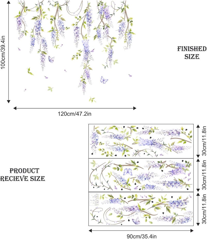 Supzone Purple Flower Wall Decals Hanging Wisteria Floral Green Leaves Boho Spring Summer Wall Stickers Art Decor for Living Room Bedroom Office Nursery Classroom Gifts for Mom - Image 5