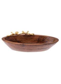Dania A deep oval beech wood bowl with a golden metal butterfly decoration for multiple uses  - Image 3