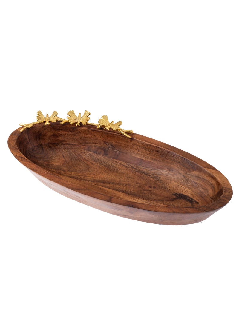 Dania - A deep oval beech wood bowl with a golden metal butterfly decoration for multiple uses - Image 1