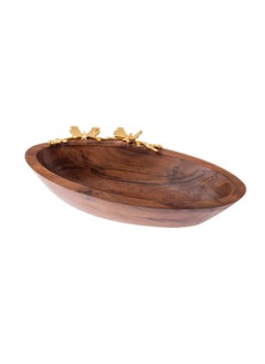 Dania A deep oval beech wood bowl with a golden metal butterfly decoration for multiple uses  - Image 2