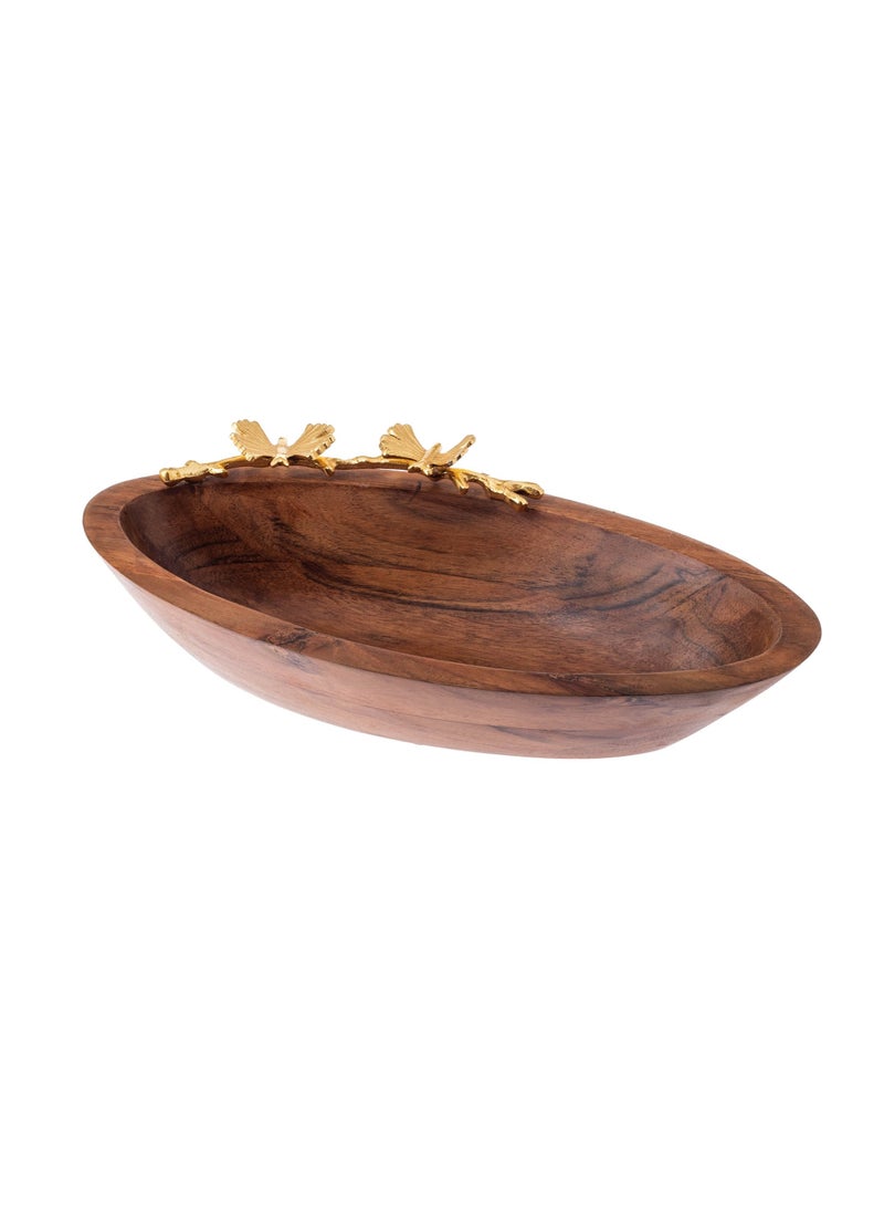 Dania - A deep oval beech wood bowl with a golden metal butterfly decoration for multiple uses - Image 1