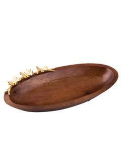 Dania A deep oval beech wood bowl with a golden metal butterfly decoration for multiple uses  - Image 5