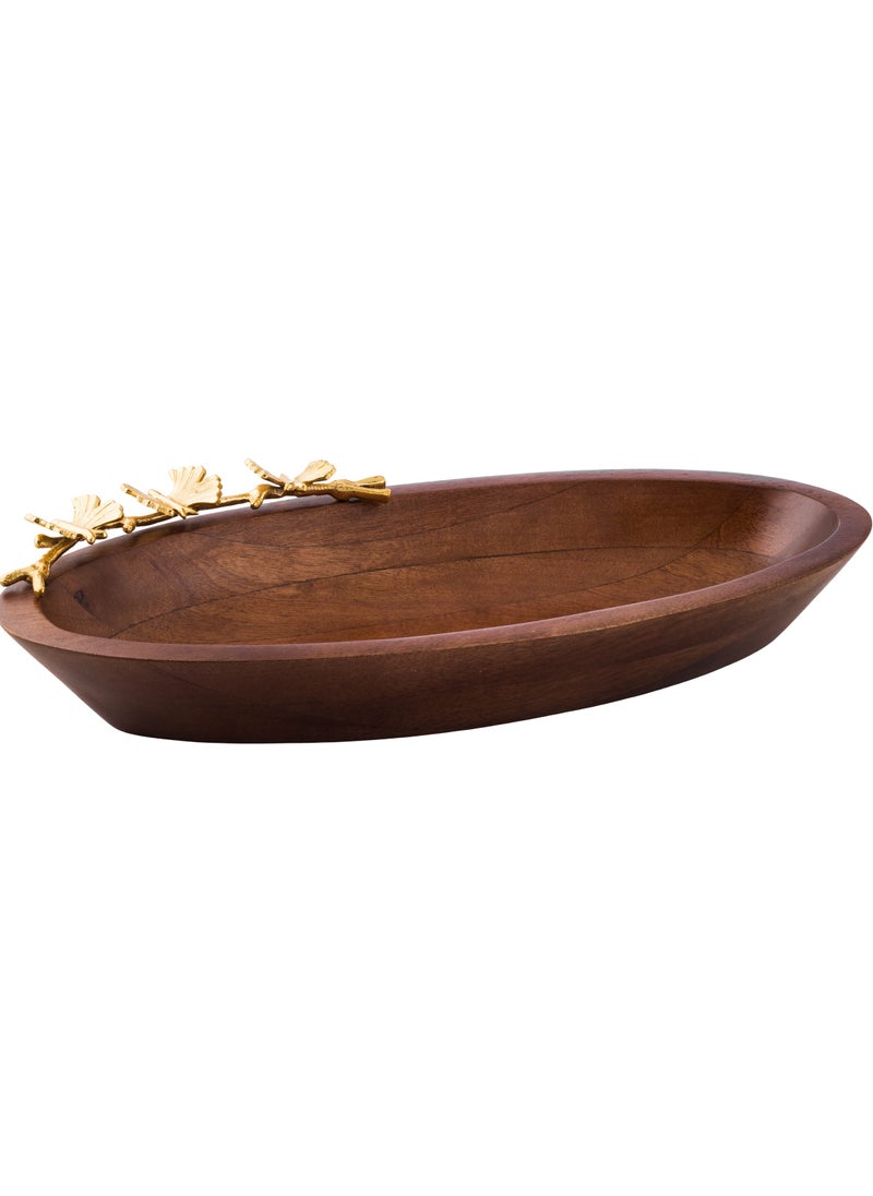 Dania - A deep oval beech wood bowl with a golden metal butterfly decoration for multiple uses - Image 1