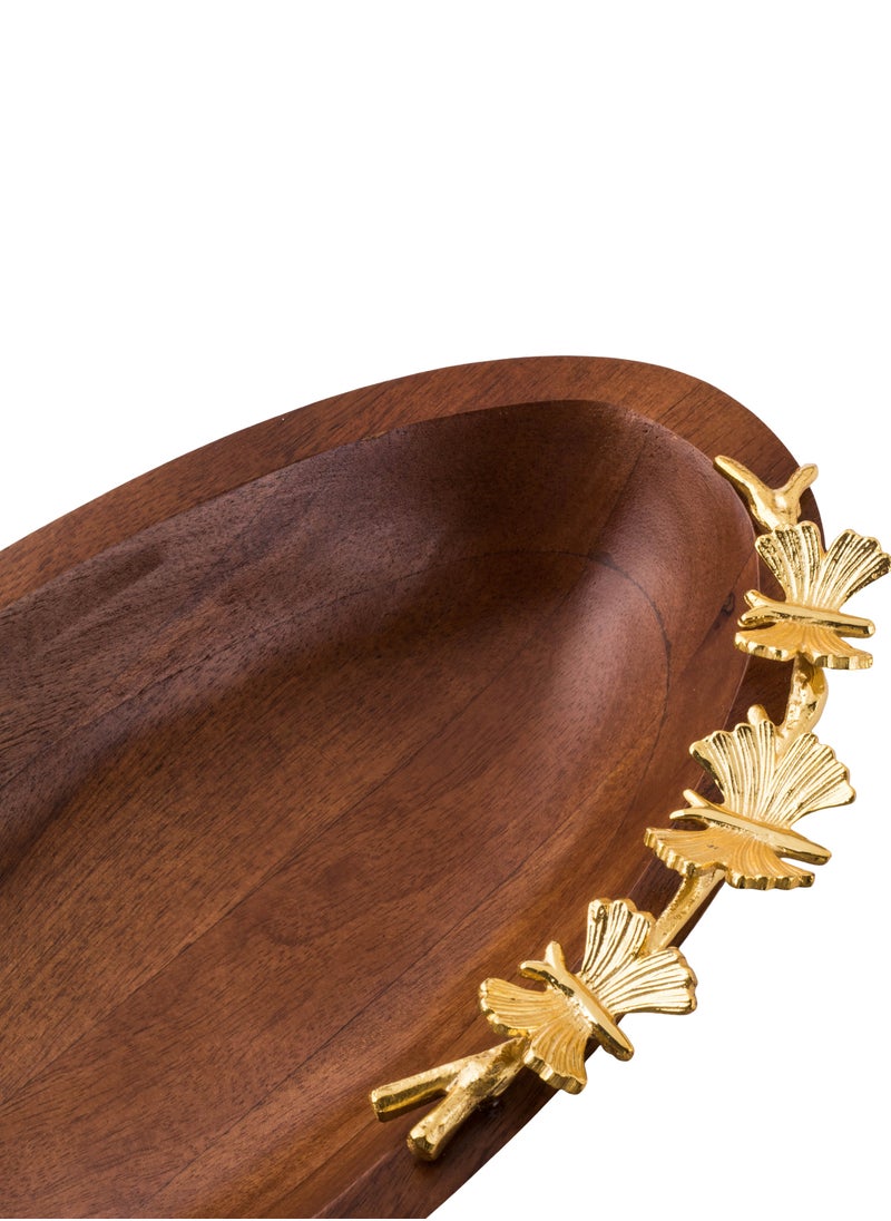 Dania - A deep oval beech wood bowl with a golden metal butterfly decoration for multiple uses - Image 1