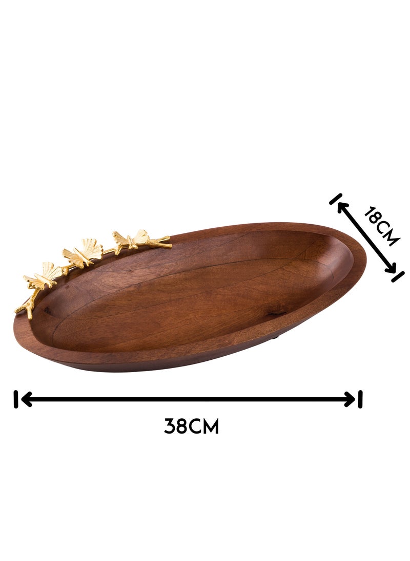 Dania - A deep oval beech wood bowl with a golden metal butterfly decoration for multiple uses - Image 1