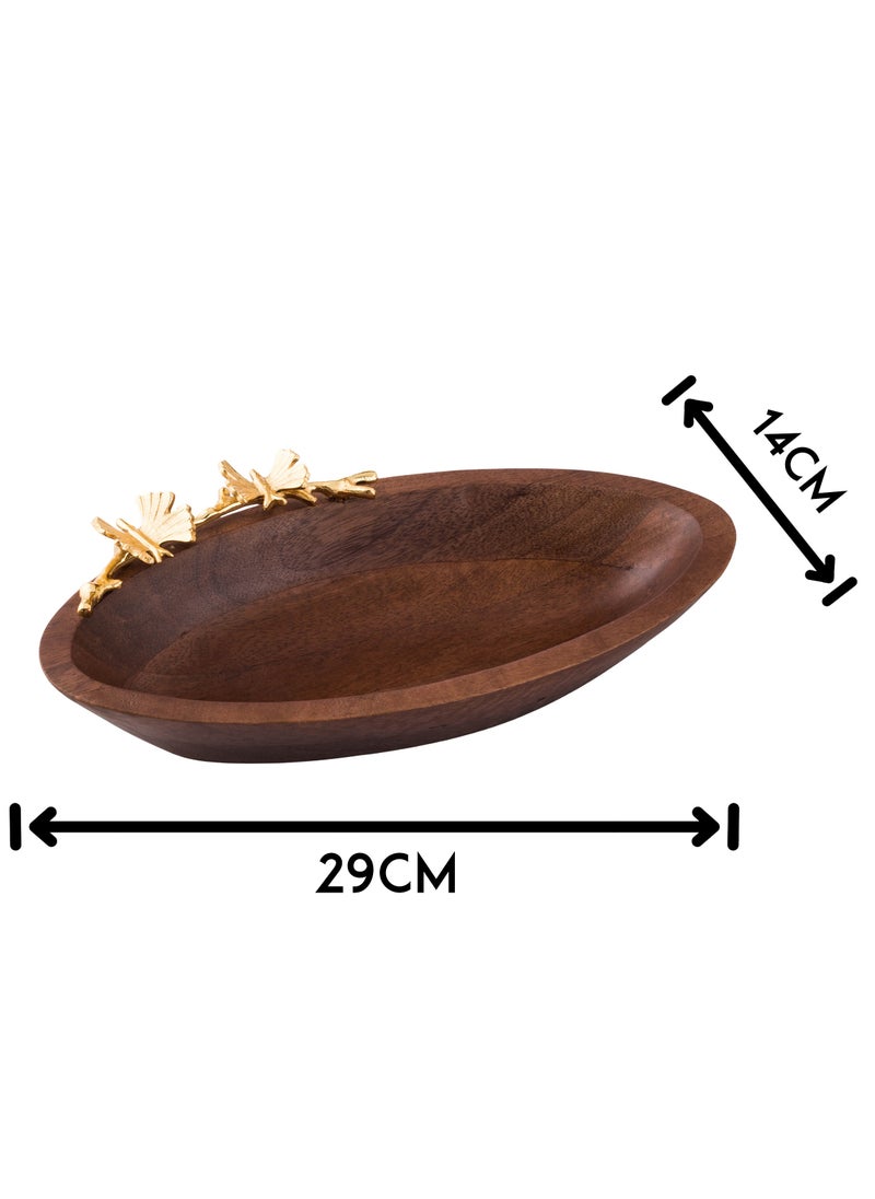Dania - A deep oval beech wood bowl with a golden metal butterfly decoration for multiple uses - Image 1