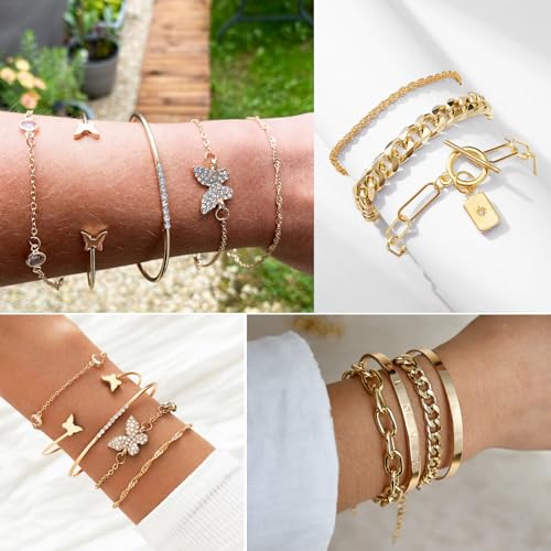 17IF 25 Pcs (6 Pack) Gold Chain Bracelets Set for Women Boho Punk Stackable Y2K Multipack Layered Bangles Pack Adjustable Cuff Italian Cuban Anklet Charm Chunky Bracelet Bundle Jewelry - Image 5