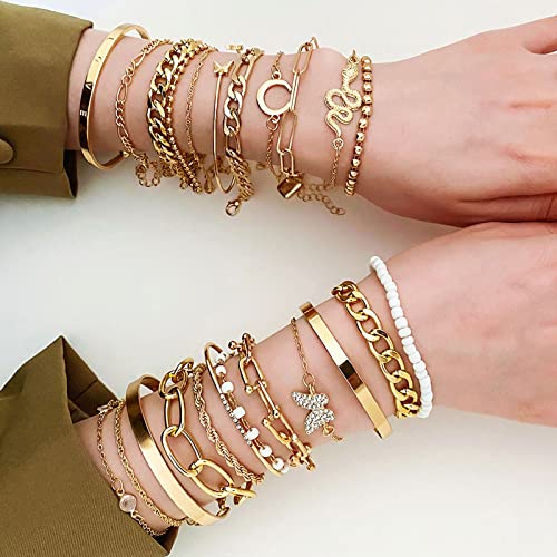 17IF 25 Pcs (6 Pack) Gold Chain Bracelets Set for Women Boho Punk Stackable Y2K Multipack Layered Bangles Pack Adjustable Cuff Italian Cuban Anklet Charm Chunky Bracelet Bundle Jewelry - Image 4