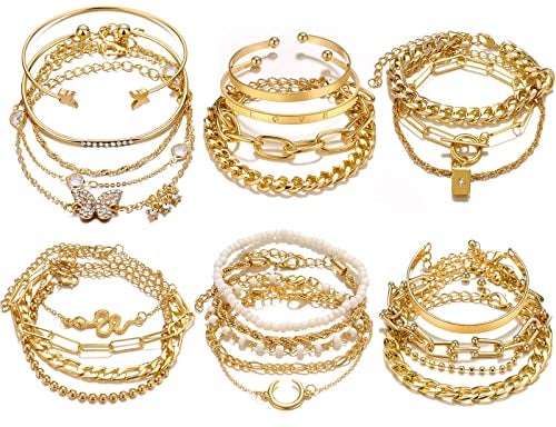 17IF 25 Pcs (6 Pack) Gold Chain Bracelets Set for Women Boho Punk Stackable Y2K Multipack Layered Bangles Pack Adjustable Cuff Italian Cuban Anklet Charm Chunky Bracelet Bundle Jewelry - Image 1