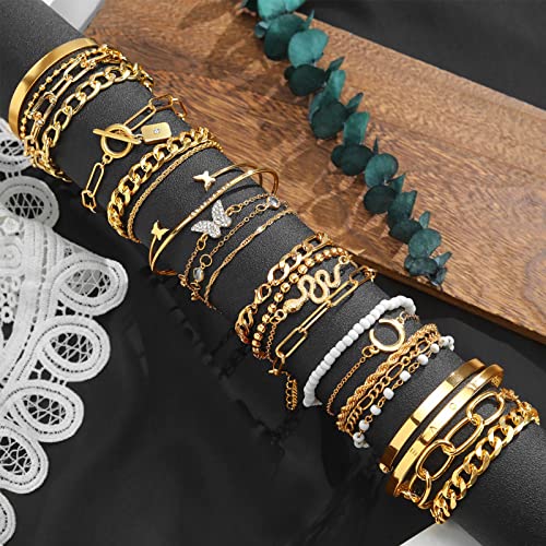 17IF 25 Pcs (6 Pack) Gold Chain Bracelets Set for Women Boho Punk Stackable Y2K Multipack Layered Bangles Pack Adjustable Cuff Italian Cuban Anklet Charm Chunky Bracelet Bundle Jewelry - Image 3