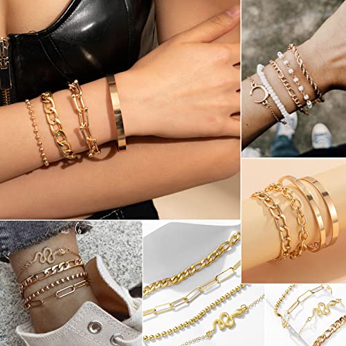 17IF 25 Pcs (6 Pack) Gold Chain Bracelets Set for Women Boho Punk Stackable Y2K Multipack Layered Bangles Pack Adjustable Cuff Italian Cuban Anklet Charm Chunky Bracelet Bundle Jewelry - Image 2