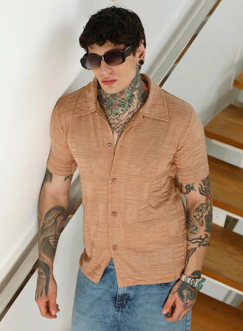 Campus Sutra Mens Light Brown Textured Button-Down Shirt