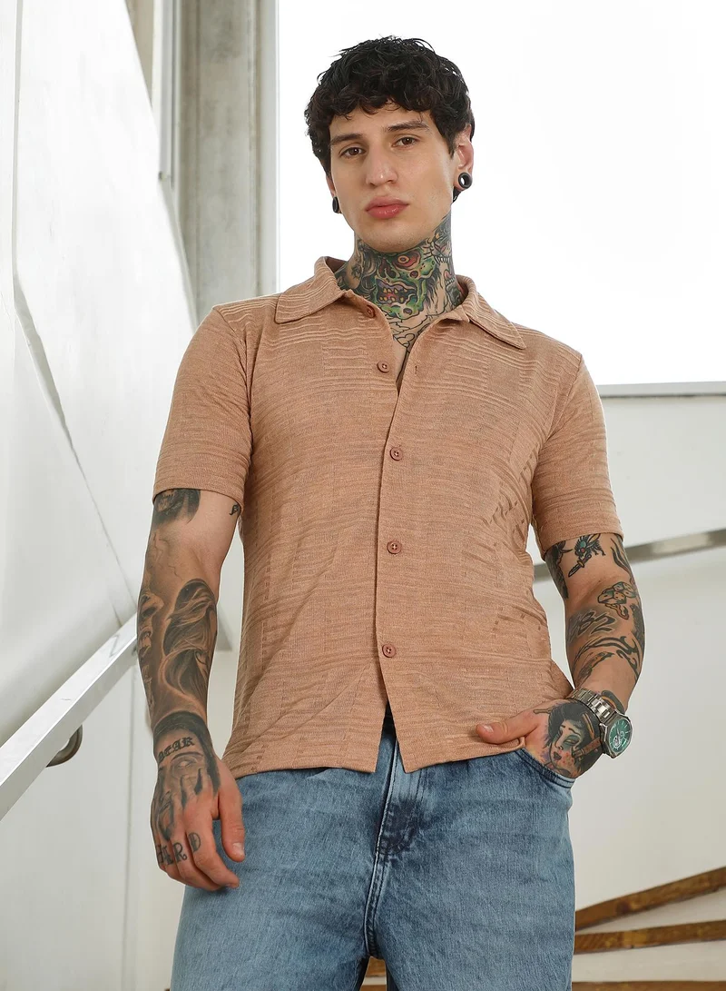 Campus Sutra Mens Light Brown Textured Button-Down Shirt