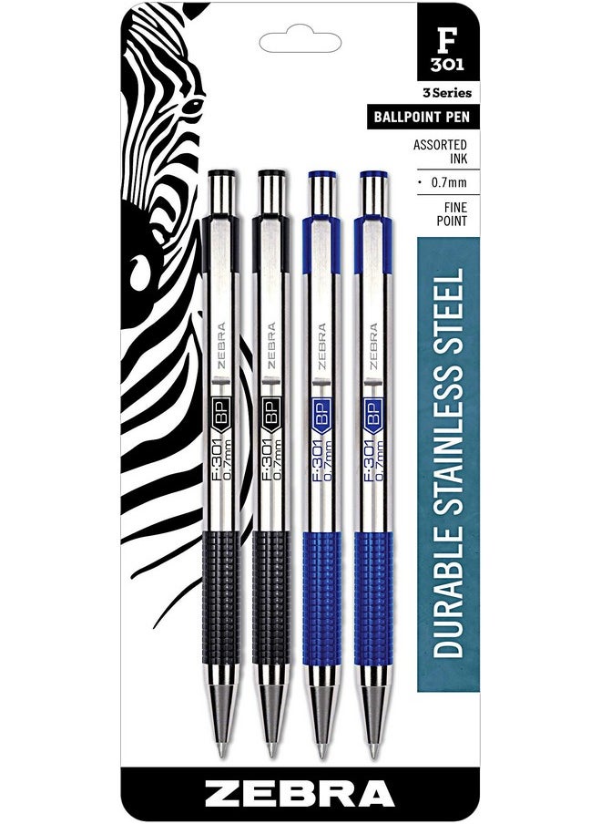 Zebra Pen Zebra Pen Fine Point F 301, Combo Pack of 2 BLACK INK & 2 BLUE INK metal pens (Total of 4 Pens), Ballpoint Stainless Steel Retractable 0.7mm fine point ink pens  - Image 1