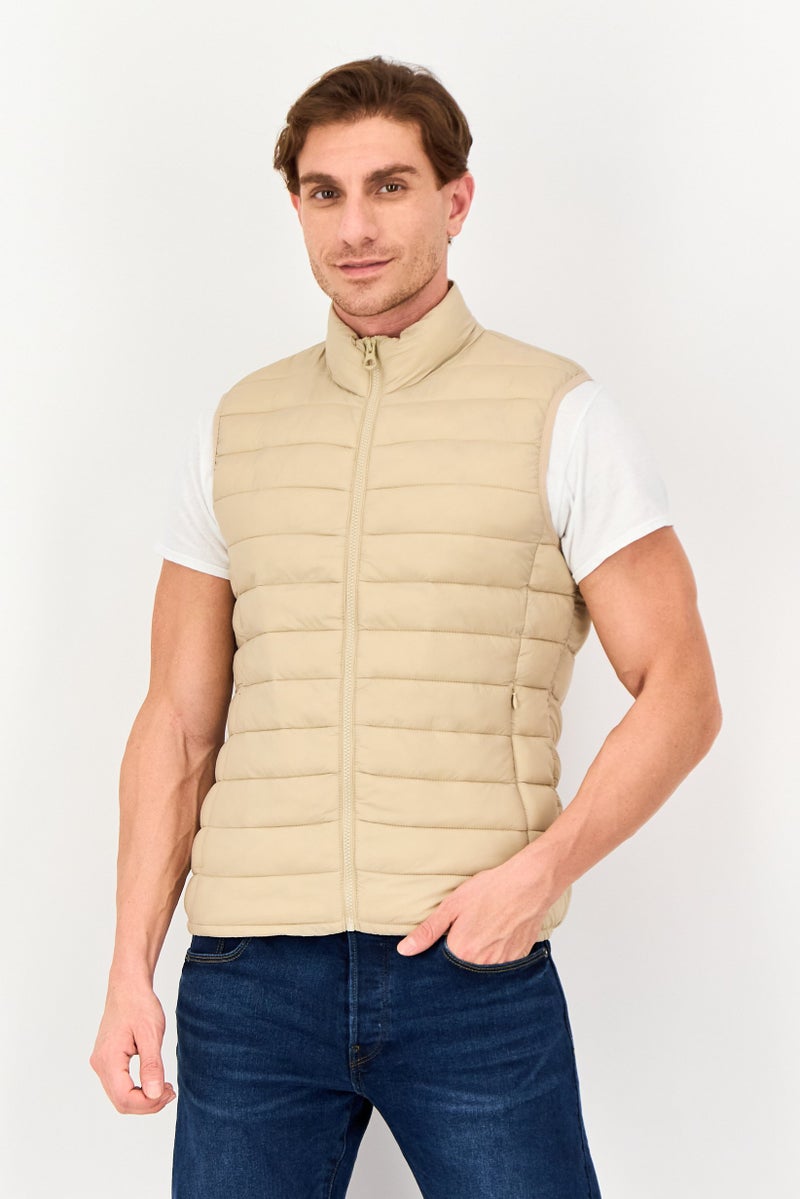 Celio Men Quilted Puffer Jacket Vest, Beige - Image 1